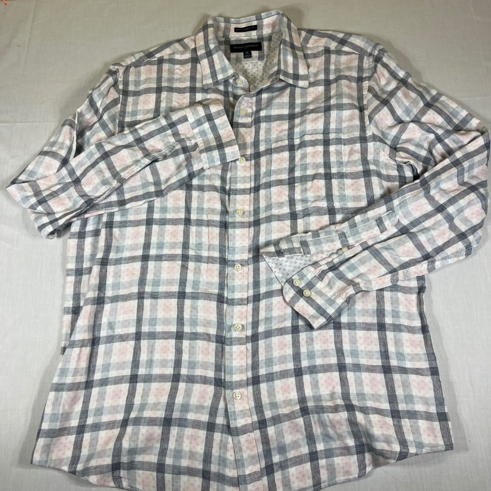 Banana Republic Untucked Fit Shirt Mens XL Plaid Linen Cotton Long Sleeve